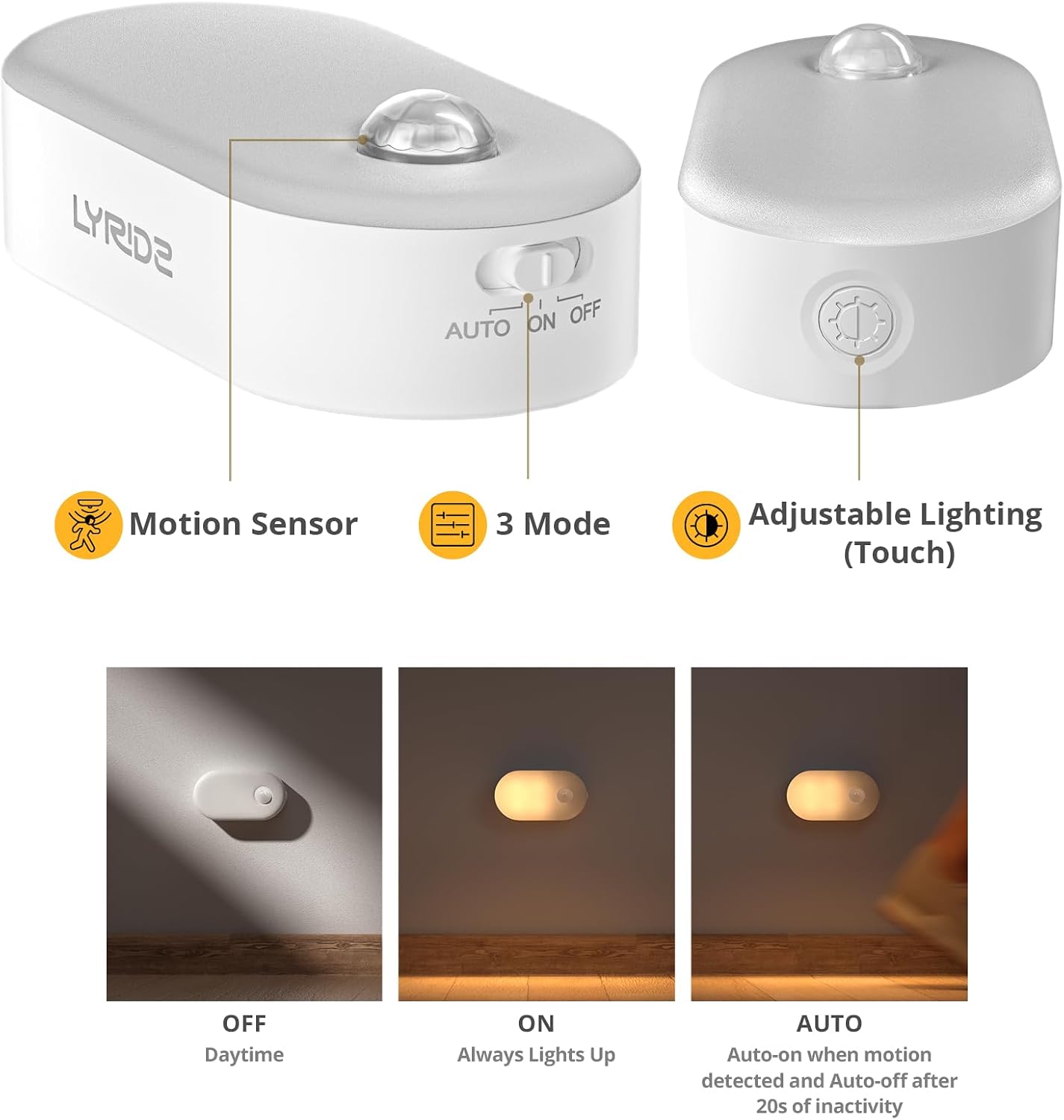 Lyridz Rechargeable Battery Night Light with Motion Sensor, Stick on Anywhere, 1-20LM Dimmable LED Nightlights for the Bedroom, Bathroom…