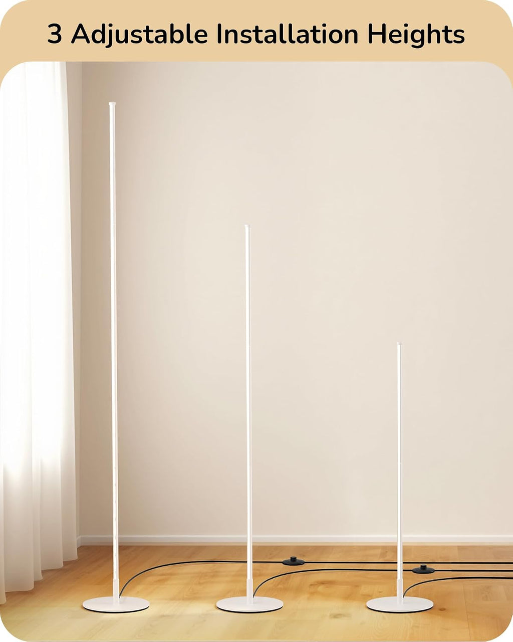 Edishine 59.8" Corner Floor Lamp, White Floor Lamp with Remote, 3 Height Settings, 3 Color Temperature & Stepless Dimming, Foot Switch, Sli…