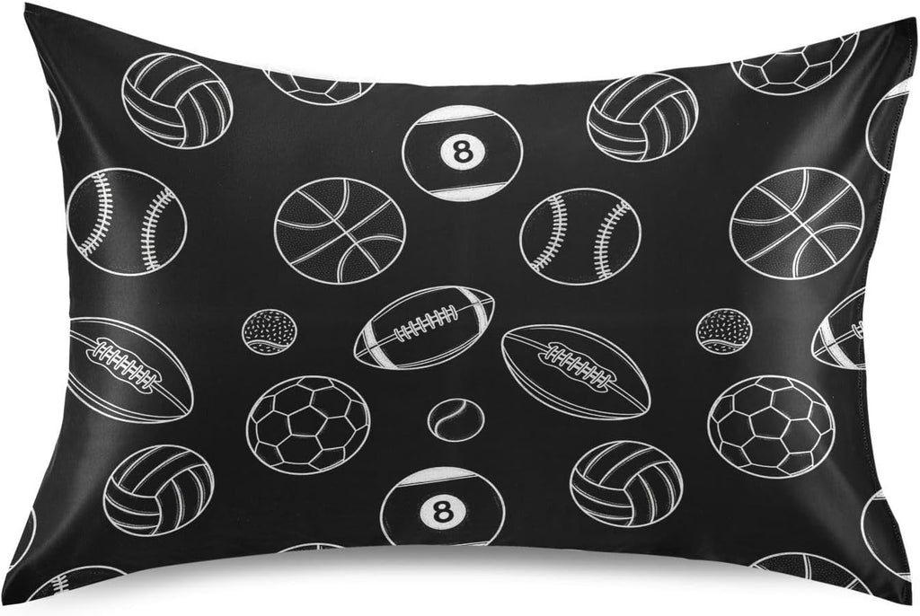 Soccer Balls Black Pillow Covers Silk Pillowcase for Hair and Skin with Envelope Closure Satin Pillowcase Queen Size Pillow Case for Boys…