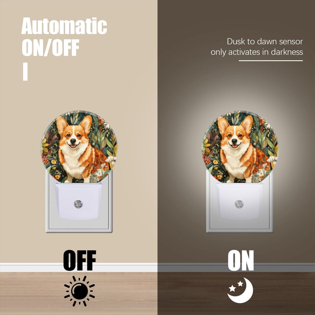 LED Night Lights Lamp with Dusk to Dawn Sensor, Lovely Smiling Corgi in The Flowers Night Light Plug Into Wall for Kids Room, Bedroom…