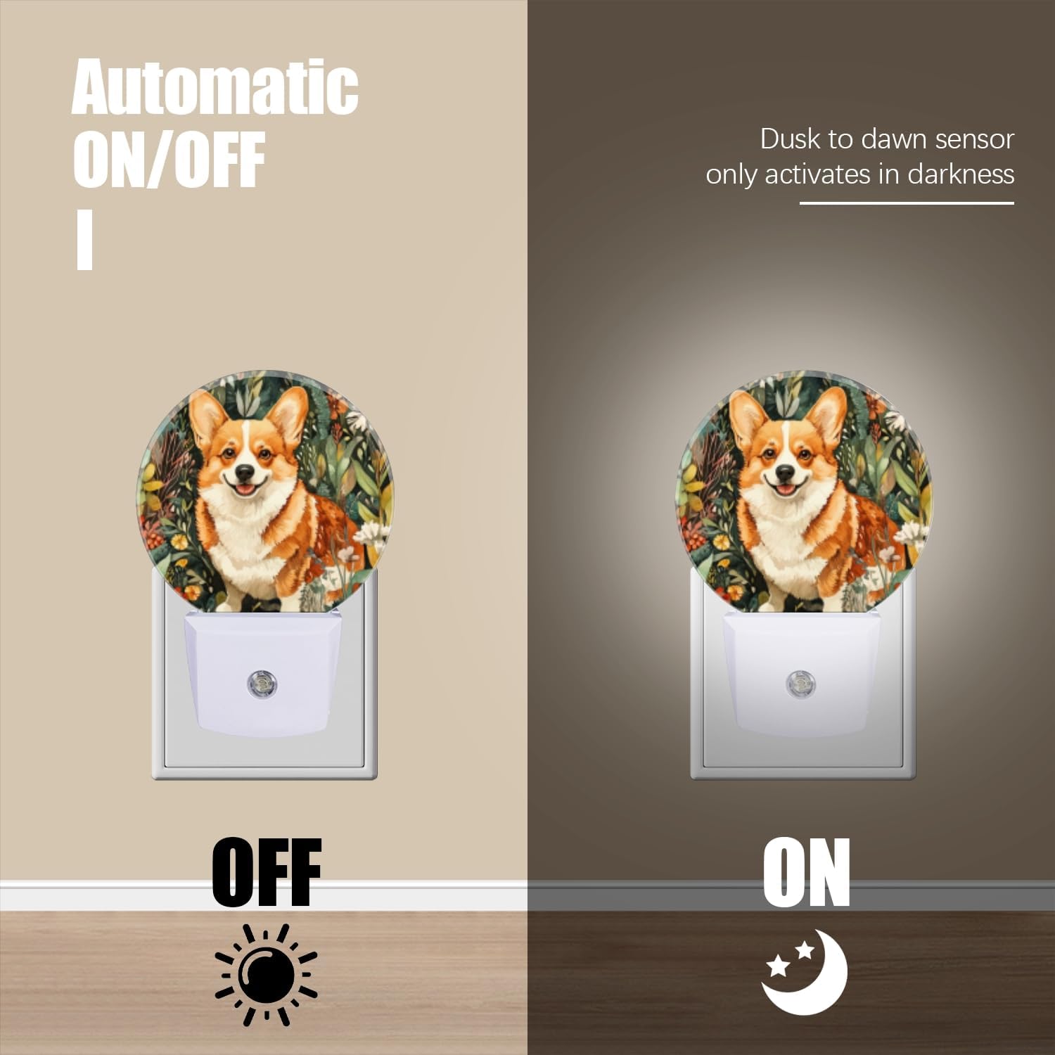 LED Night Lights Lamp with Dusk to Dawn Sensor, Lovely Smiling Corgi in The Flowers Night Light Plug Into Wall for Kids Room, Bedroom…
