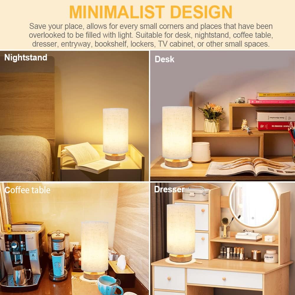 Small Bedside Table Lamp for Bedroom set of 2, Minimalist Wood Base & Round Fabric Shade, Mini Cute Cozy Warm Nightstand Boho Lamp set…
