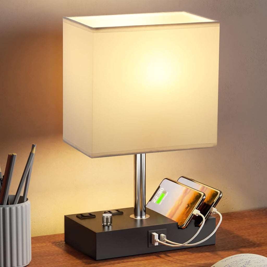 Kakanuo Table Lamp for Bedroom with Dual USB Ports, White Fully Dimmable Bedside Lamp with Phone Stands and 2 Charging Outlets, Desk Lamp…