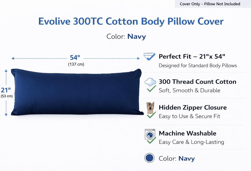 Evolive New 300TC Thread Count 100% Cotton Body Pillow Cover/Case Replacement with Hidden Zipper Closure 21"x54" (Navy)