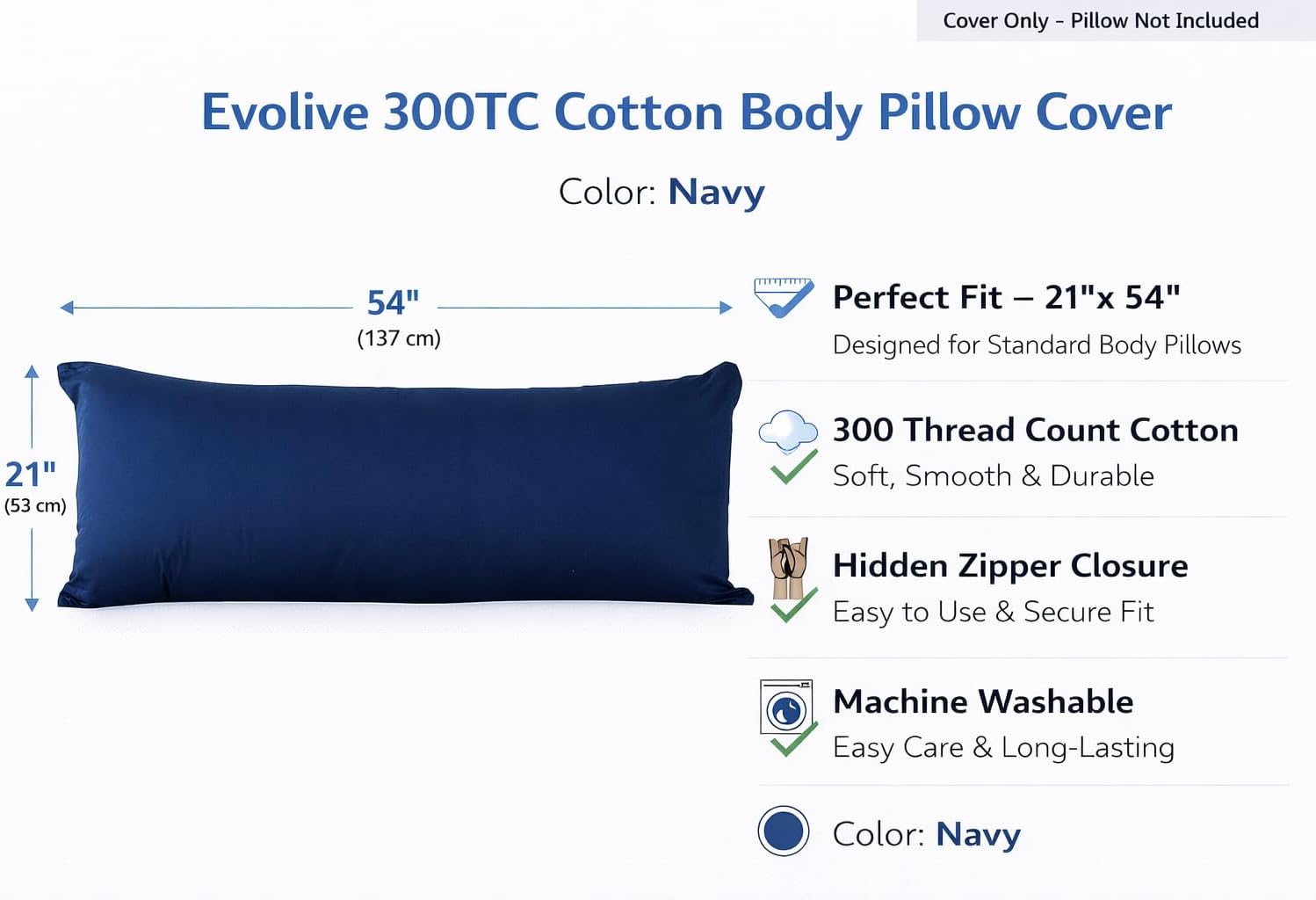 Evolive New 300TC Thread Count 100% Cotton Body Pillow Cover/Case Replacement with Hidden Zipper Closure 21"x54" (Navy)