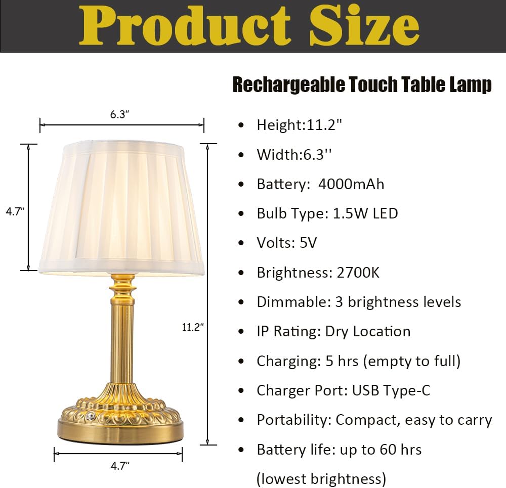 3 Way Dimmable Touch Control Cordless Table Lamp with Pleated Fabric Shade Glam Rechargeable Bedside Nightstand Lamp Small LED Desk Lamp…