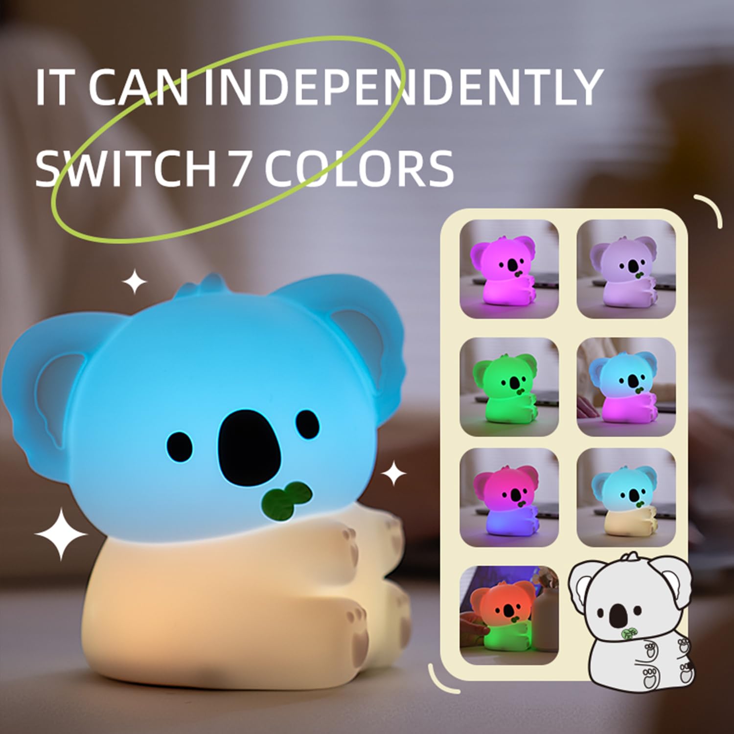 Koala Night Light, 7 Colors Dimmable Bedside Lamp, Touch Control Night Lamp with Timer for Kids Adults, Used for Camping Party Room Decor…