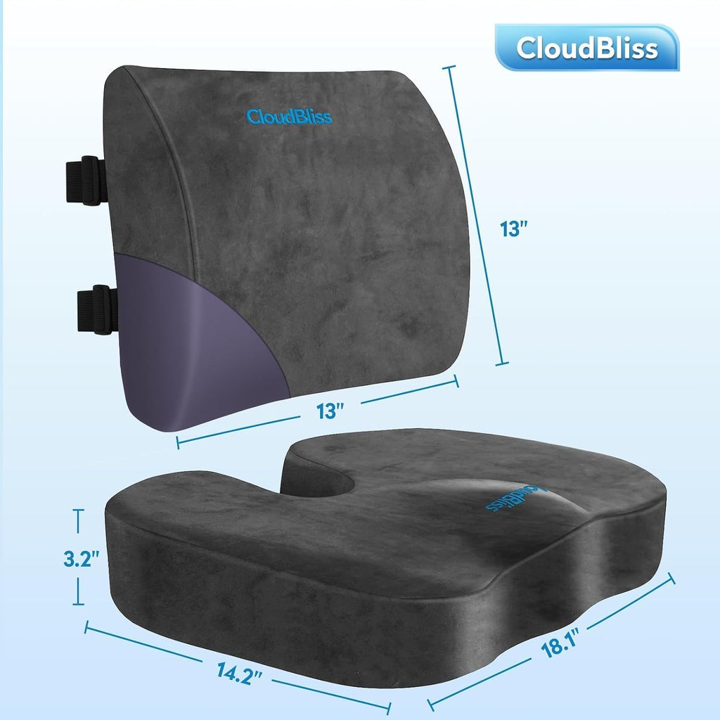 CloudBliss Lumbar Support Pillow & Seat Cushion Set for Office Chair, Desk Chair, Wheelchair & Car – Memory Foam Back Support, Ergonomic Ch…