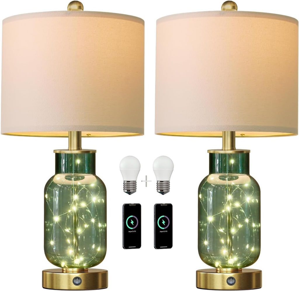 Oneach 22" Glass Table Lamps Set of 2, Green Modern Bedside Lamp with LED Night Light for Living Room, Nightstand Lamp with USB Ports for B…