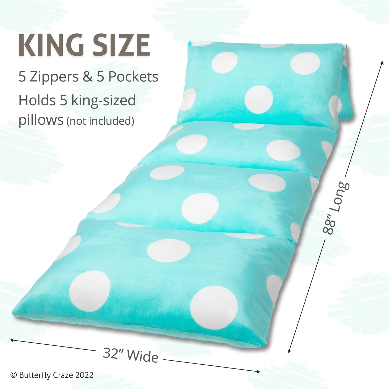 Butterfly Craze Floor Pillow Case, Mattress Bed Lounger Cover, Polka Aqua, King Size - Cozy Seating Solution for Kids & Adults, Recliner…