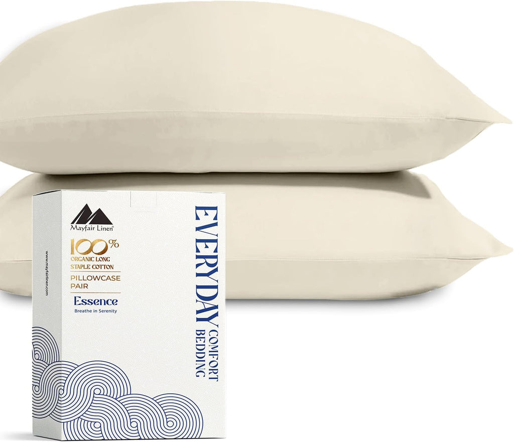 Mayfair Linen 100% Organic Cotton Percale Pillow Cases Queen/Standard Size Set of 2 - Percale Pillowcovers Standard/Queen (Ivory), Soft…