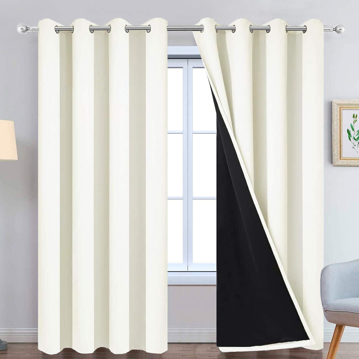 Yakamok 100% Blackout Curtains Thermal Insulated Curtain Panels with Black Liner for Bedroom, Heat Blocking Drapes for Living Room(52Wx96L,…
