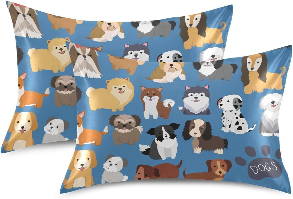Dogs Cute Blue Print Pillow Covers Silk Pillowcase for Hair and Skin Soft Breathable Smooth Cooling Satin Pillowcase King Size Pillow…