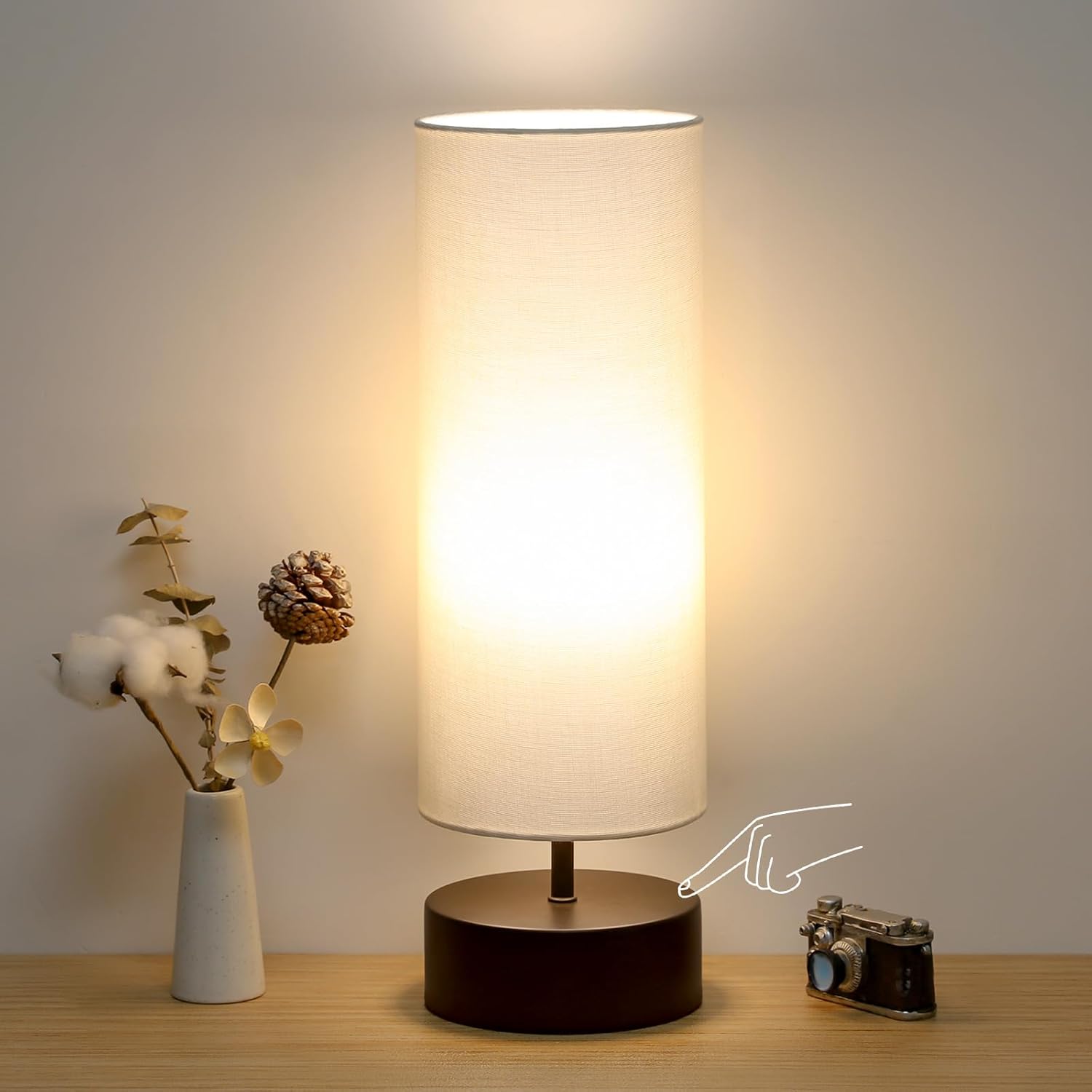 3 Way Dimmable Touch Control Table Lamp, Bedside Table Lamp with Dark Brown Base, Modern Nightstand Lamp with Beige Shade, Simple Night…
