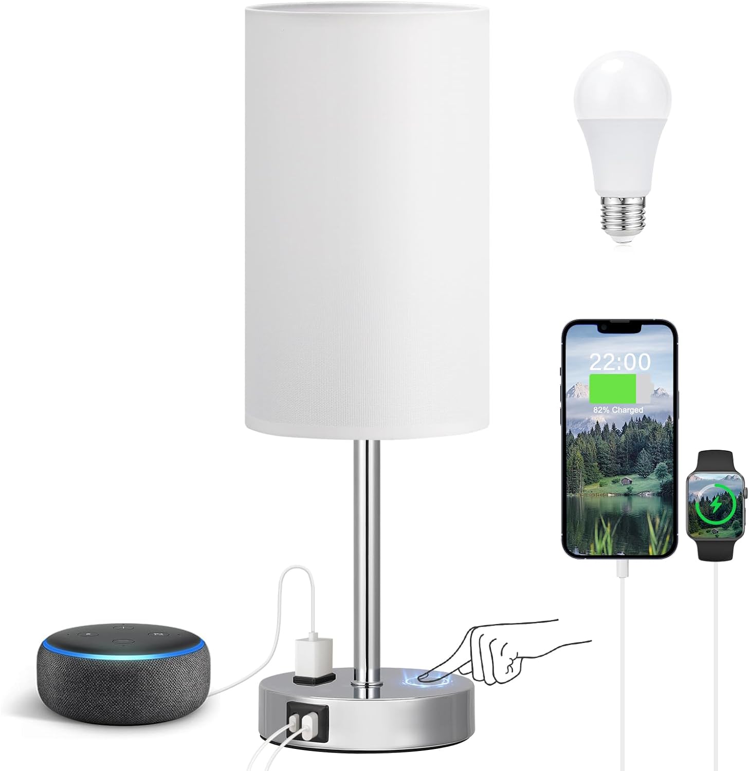 Fenmzee Touch Bedside Lamp - White, 3-Way Dimmable, USB A + C Charging, AC Outlet, 17.4inch Medium