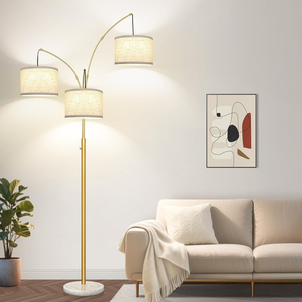 Dimmable Floor Lamp - 3 Lights Gold Arc Floor Lamps for Living Room, 1000LM Modern Tall Standing Lamp with White Shade&Marble Base, Mid…