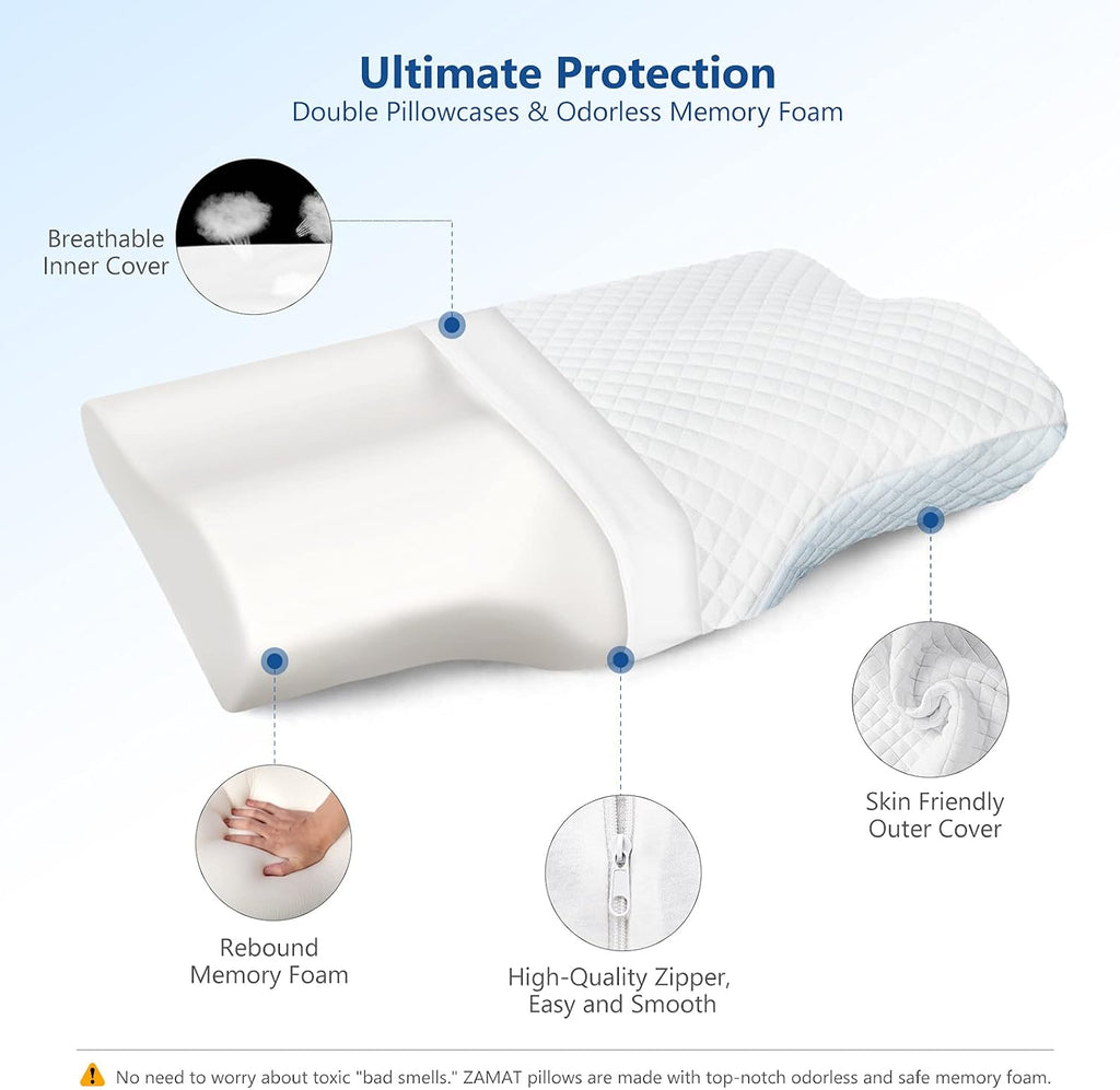 Zamat Memory Foam Pillow for Neck, Adjustable Ergonomic Cervical Pillow for Sleeping, Orthopedic Neck Pillow with Washable Cover, Bed Pill…