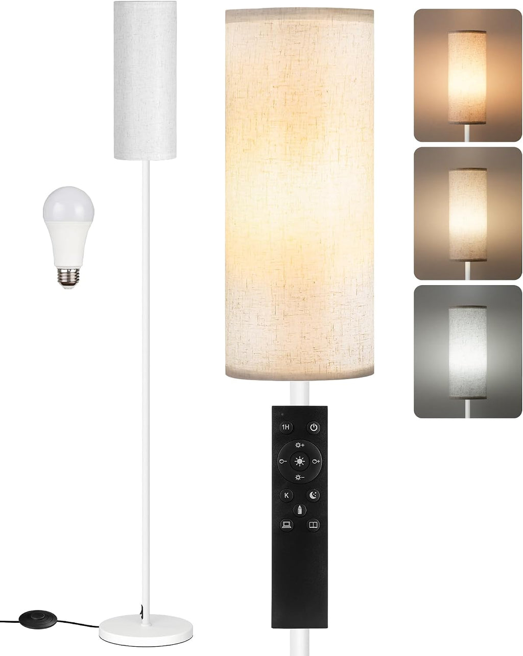 White Floor Lamps for Living Room with Remote and Foot Switch, 64.4” Modern Standing Tall Lamp, Dimmable Corner Lamp for Bedroom, Office…