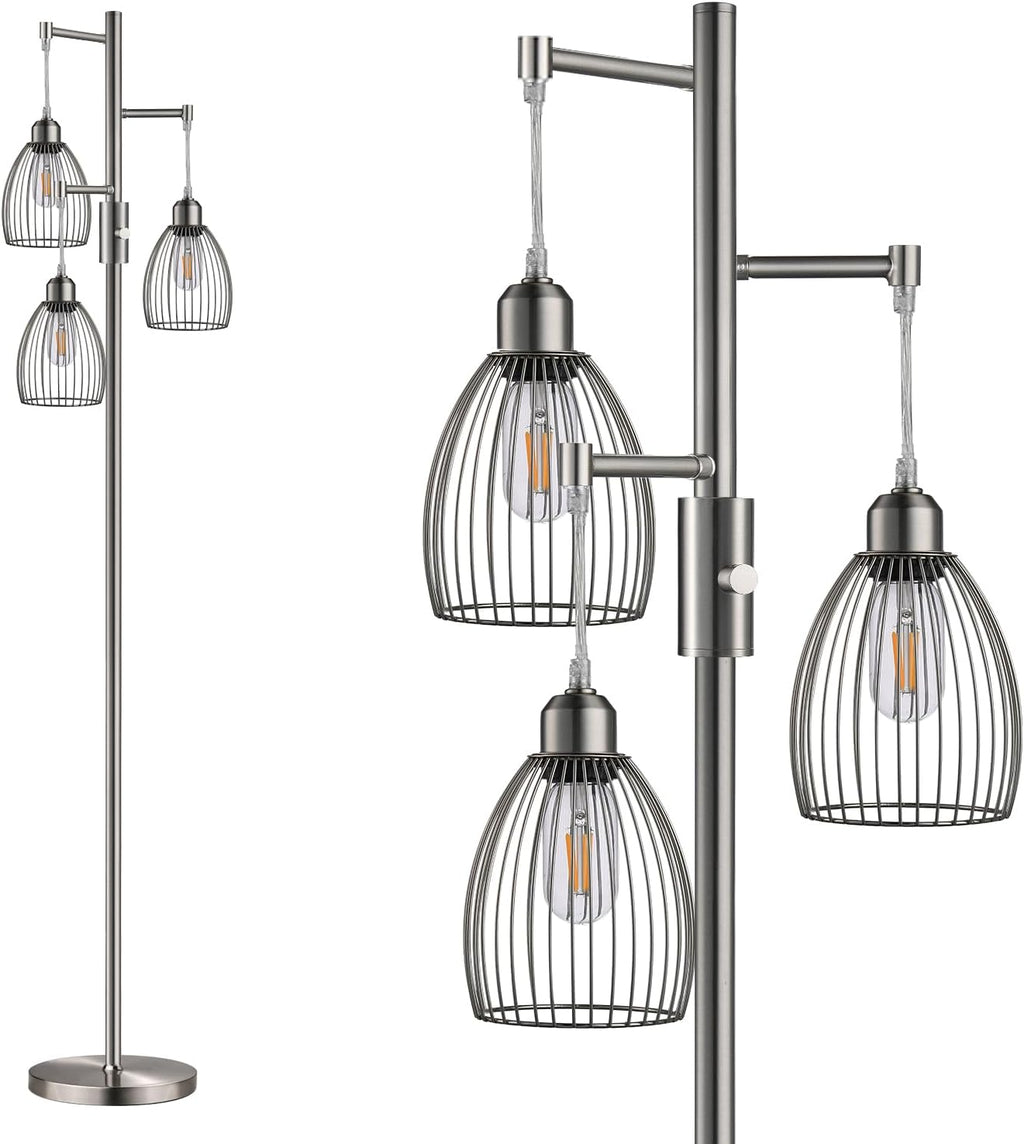 Dimmable Floor Lamp, Industrial Floor Lamps for Living Room, Brushed Nickel Tree Lamp Standing Lamp Tall Lamps with 3 Elegant Teardrop…