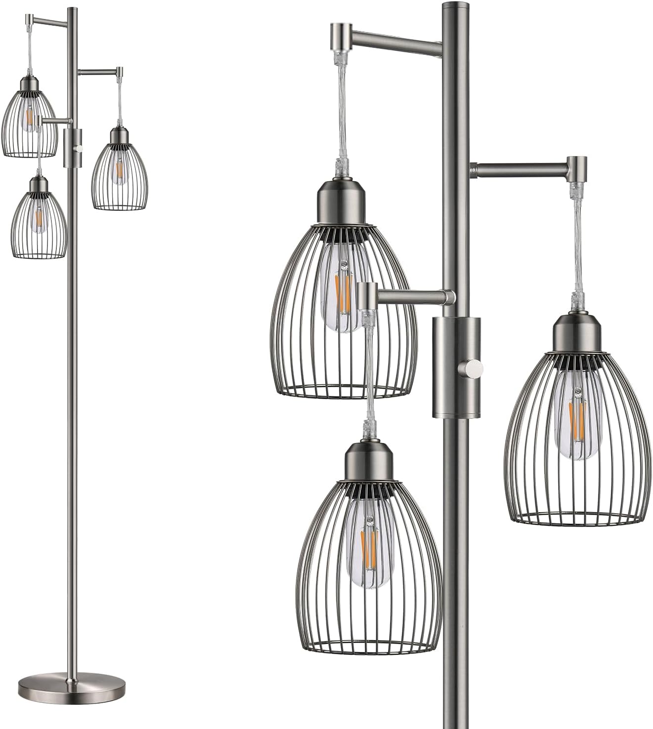 Dimmable Floor Lamp, Industrial Floor Lamps for Living Room, Brushed Nickel Tree Lamp Standing Lamp Tall Lamps with 3 Elegant Teardrop…
