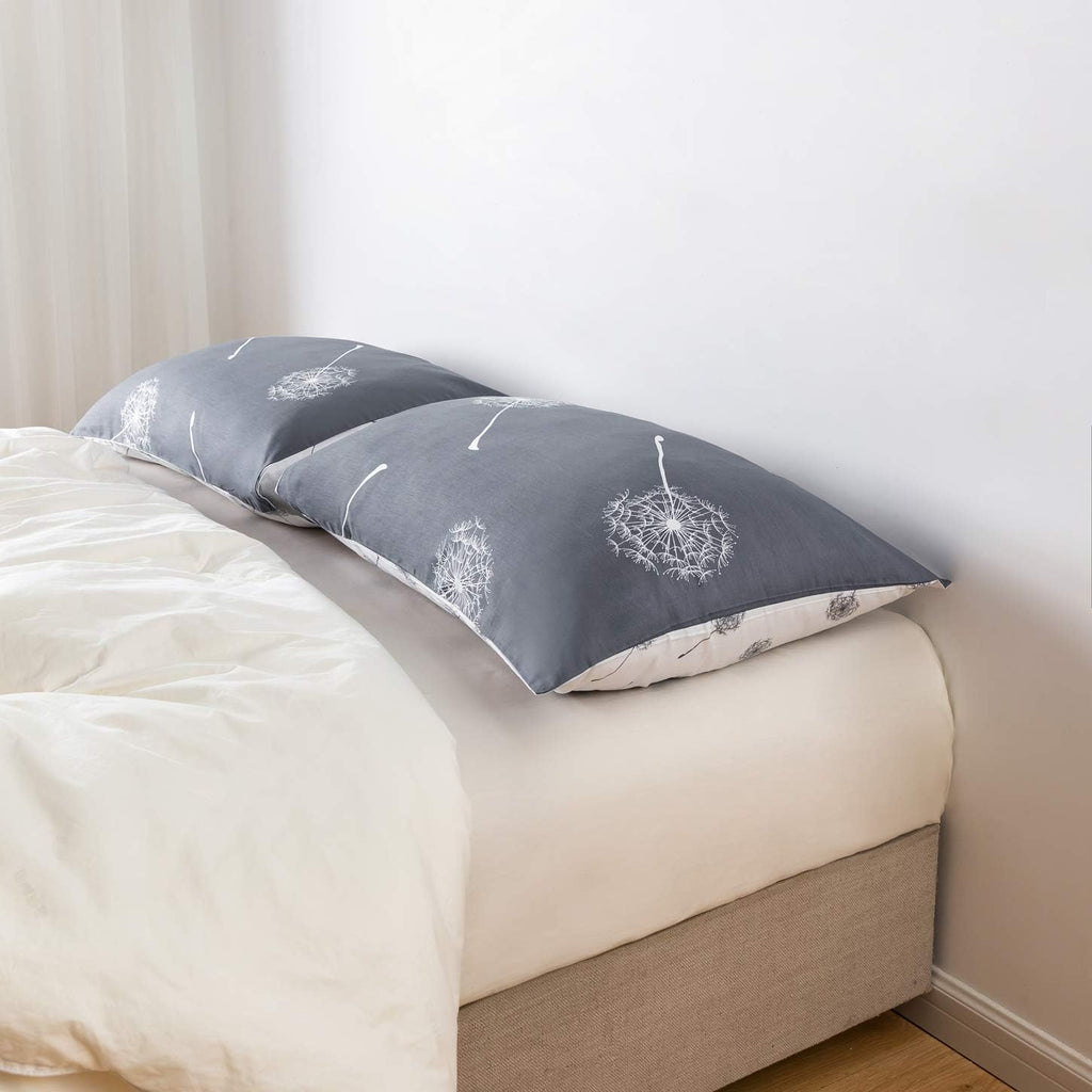 YuHeGuoJi Pillowcases 100% Cotton Queen Size Set of 2 Gray Grey White Dandelion Floral Print Decorative Bed Pillow Covers with Envelope Clo…