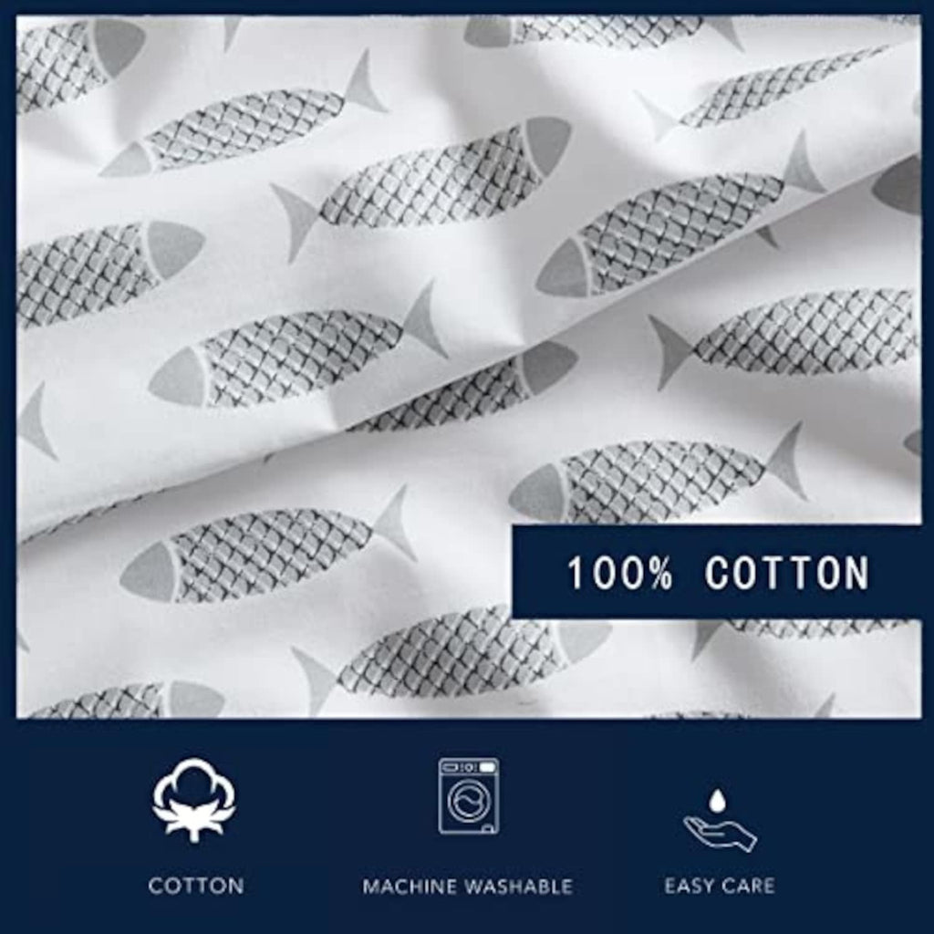 Nautica Queen Sheets, Cotton Percale Bedding Set, Crisp & Cool, Coastal Home Decor (Woodblock Fish Grey, Queen) Cotton Grey