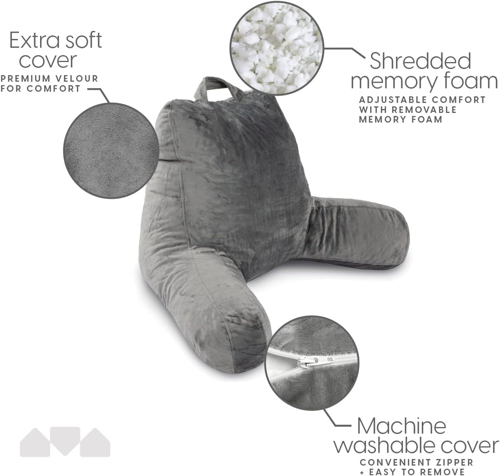 Milliard Reading Pillow with Arms, Grey, Shredded Memory Foam Back Pillow for Bed Sitting Up - Sit Up Backrest Support for Reading & Rest…