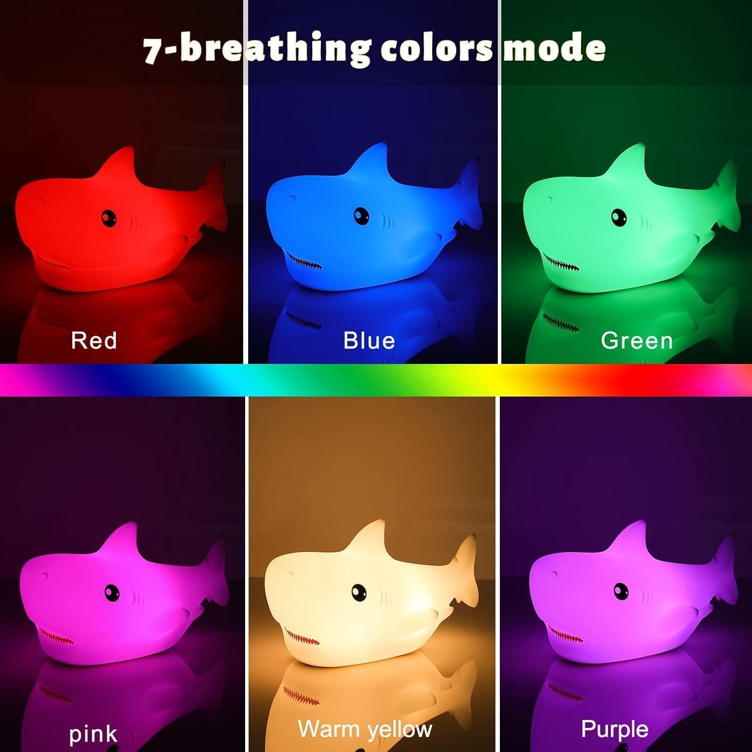 LOVERUIS Shark Night Light for Children, 7 Color Changing LED Portable Touch Baby Lamp, USB Rechargeable Silicone Animal Night Light for…