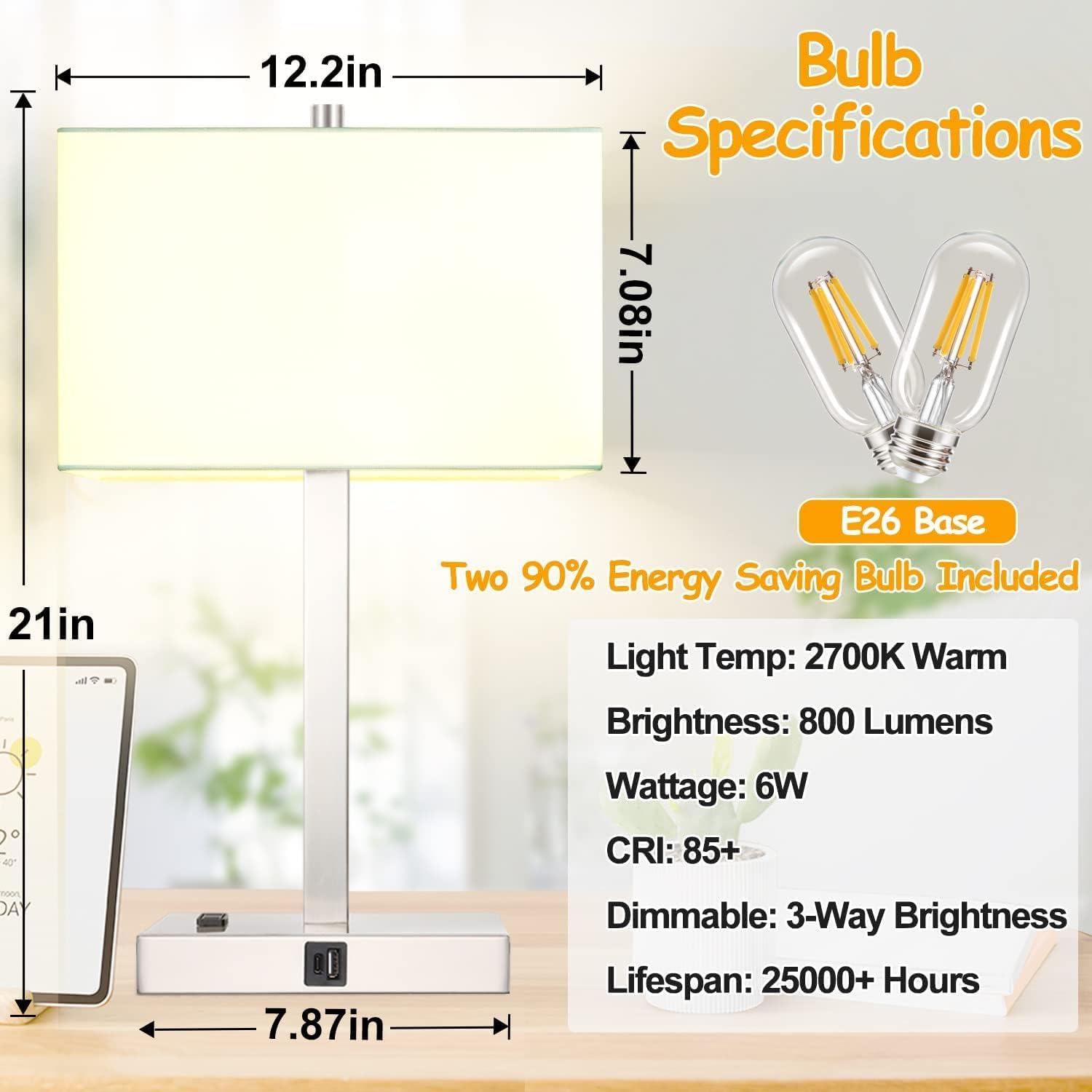 21" Touch Bedside lamps with 2 USB & AC Outlets, 3-Way Dimmable Bedside Table Lamps Set of 2 for Bedroom Living Room Office Reading…