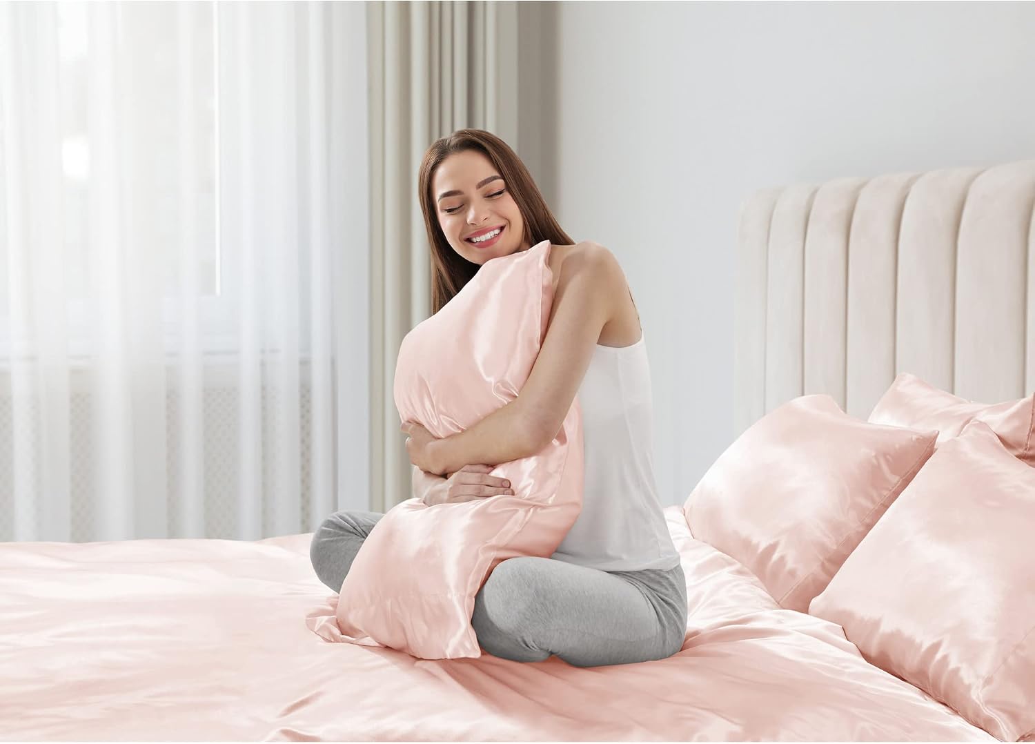 Madisonpark Madison Park - MPE20-774 Satin Wrinkle-Free Luxurious and Silky with 16" Deep Pocket 6 Piece Durable Sheet Set, King, Blush