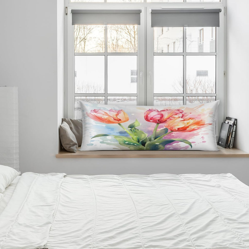 Aglebo Watercolor Tulips Body Pillow Covers Super Soft Satin Decorative Pillowcase with Hidden Zipper Cooling Breathable Case Rectangle Cov…