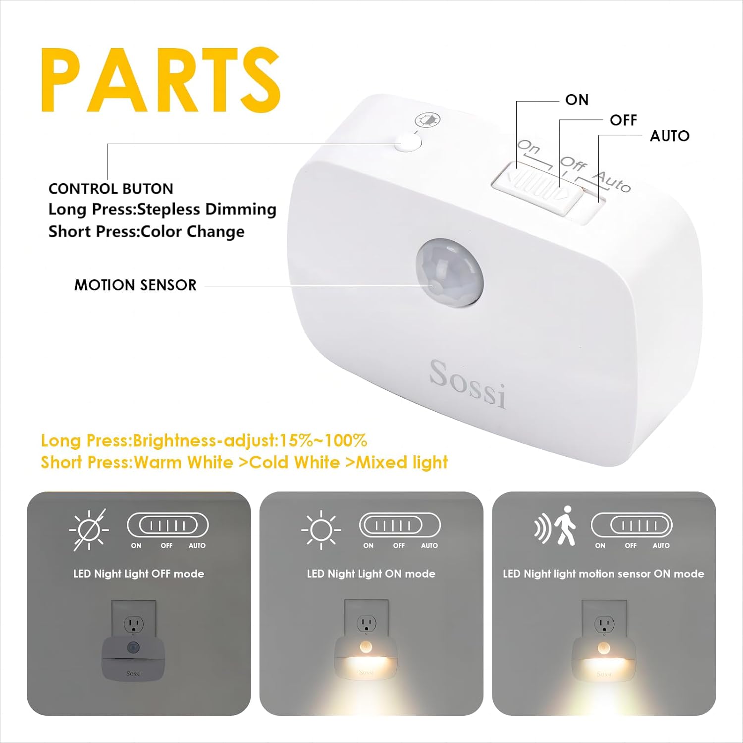 Sossi Motion Sensor Night Light Plug in 4 Pack,10-60Lm Stepless Dimming,3 Light Modes with Memory, Smart Night Lights Plug Into Wall…