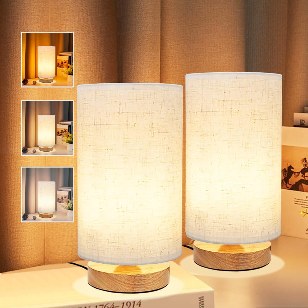 Uchenton 3-Color Adjustable Bedside Table Lamp for Bedroom Set of 2, Minimalist Wood Base&Round Fabric Shade, Cozy Lighting Nightstand Boho L…