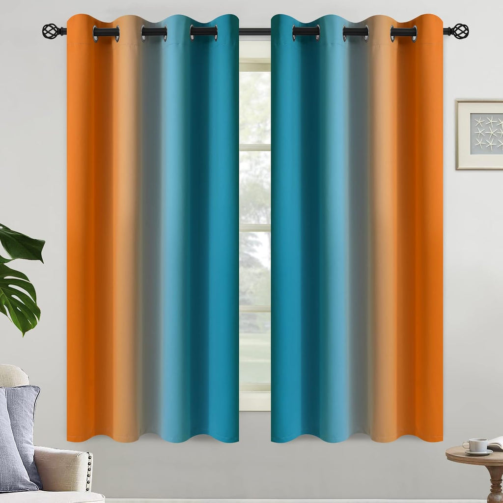 Yakamok Ombre Orange and Blue Curtains for Bedroom, Gradient Room Darkening Curtains, Grommet Thermal Insulated Light Blocking Window Drape…
