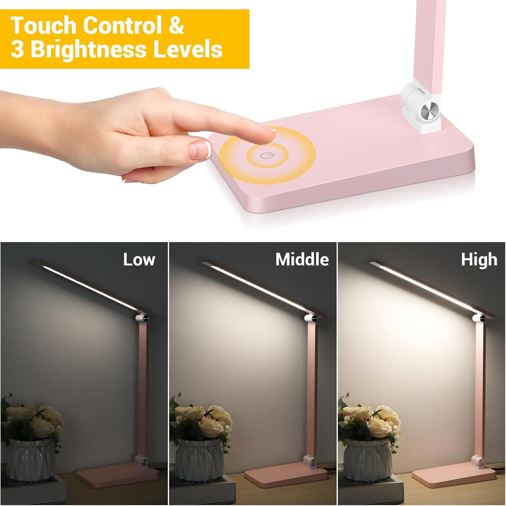 LED Desk Lamp for Home Office, 3 Levels Dimmable Desk Light with USB Charging Port, Reading Lamp for Table Study Work Office Nail Craft…