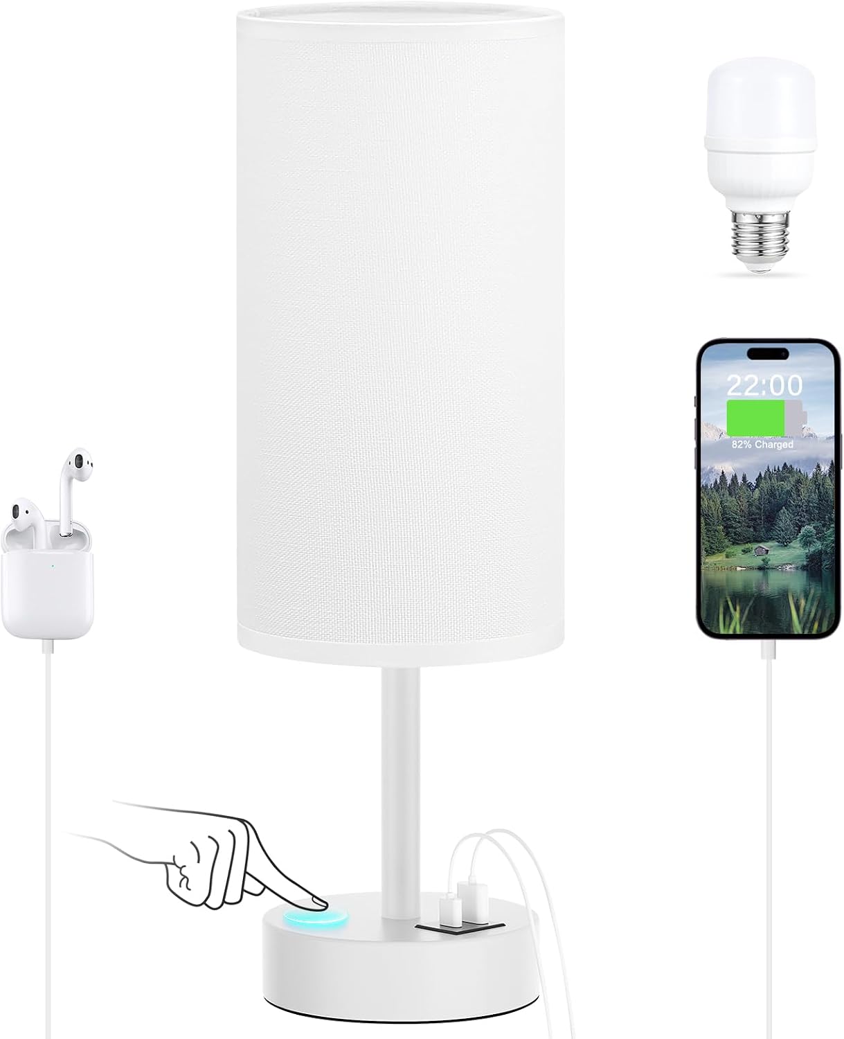 Dicoool White Touch Bedside Lamp for Bedroom - 3 Way Dimmable Table Lamp with USB, Nightstand Lamp with White Charging Station for Desk…