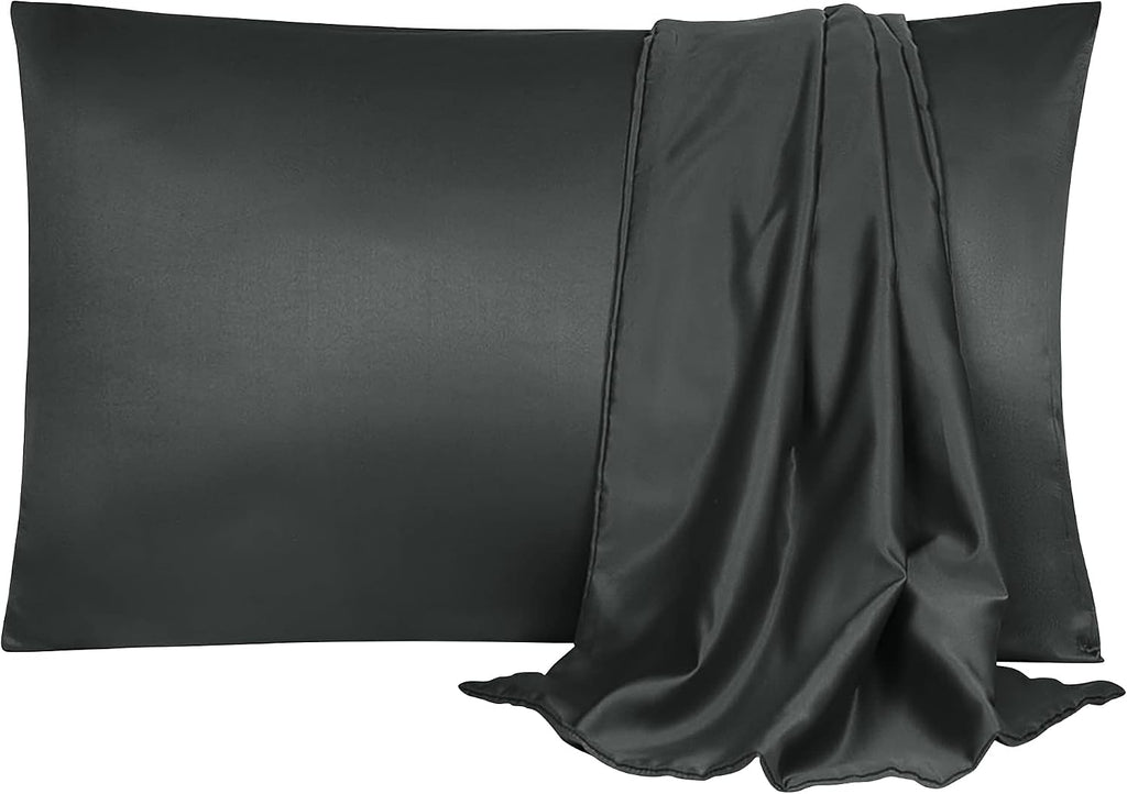 uxcell 2 Pack Silk Satin Pillowcase for Hair and Skin, Cool, Silky, Soft Breathable Pillow Cases King Size 20x36 Inch Sateen Pillowcase Bla…
