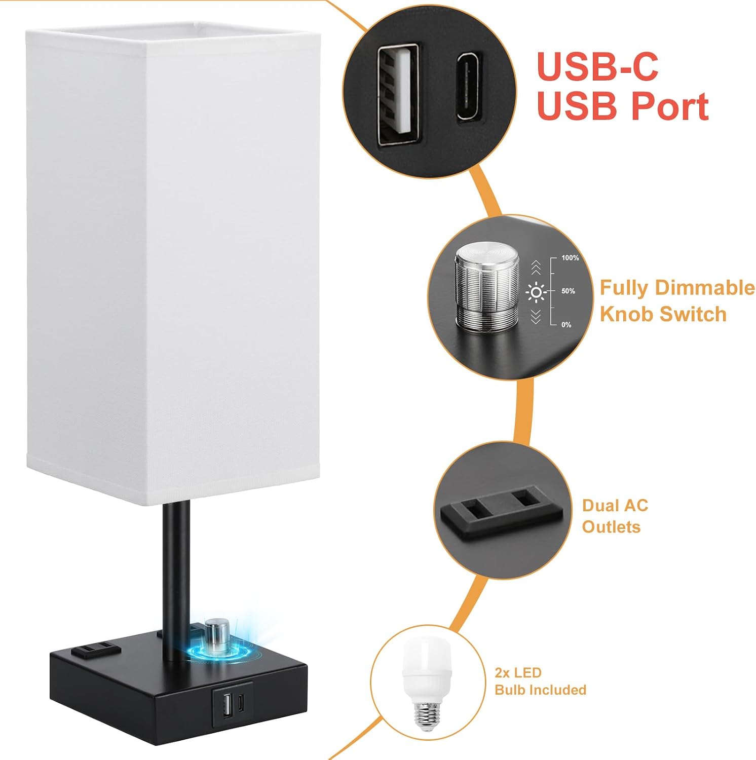 aooshine White Fully Dimmable Nightstand Lamps Set of 2 - Table Bedside Lamp with USB C+A Charging Ports & 2 AC Outlets, Square Lamp Sets…