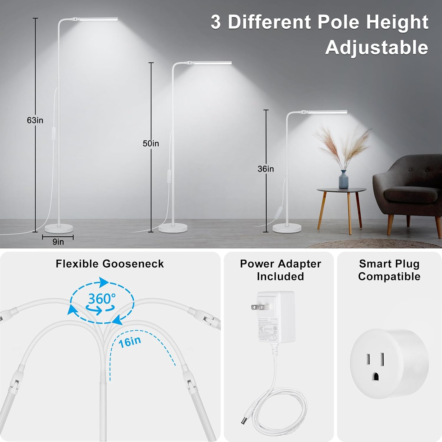 White Floor Lamp, 18W/2000LM Bright LED Floor Lamp for Living Room, Adjustable Gooseneck Dimmable Standing Office Task Lamp for Reading…