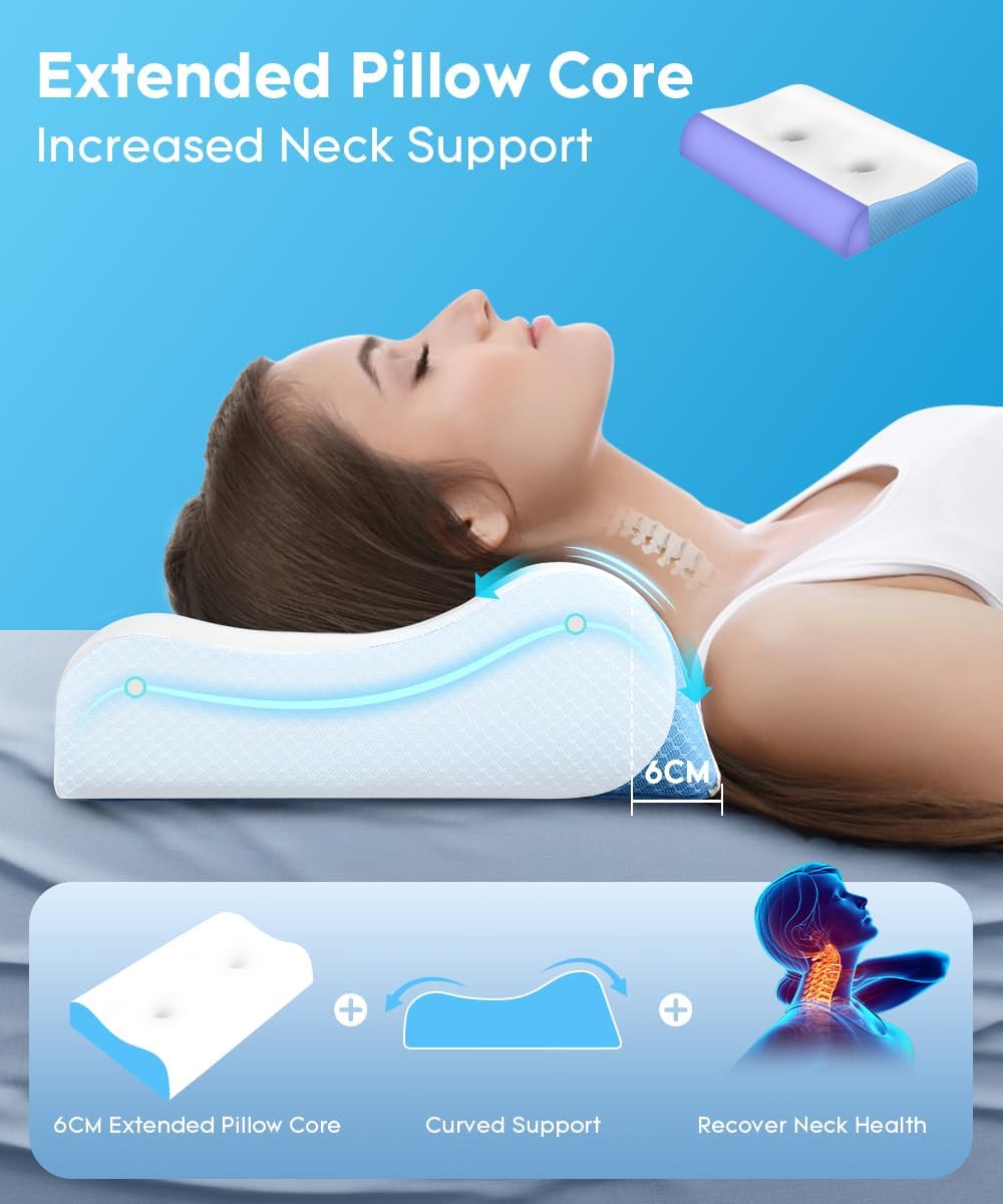 Tskuiqi Cervical Pillow for Neck - Contour Pillow Memory Foam Pillows for Sleeping, Double Ear Relief Zones Neck Pillow, 6CM Enhance…