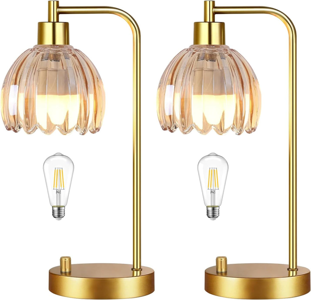 ILLMTW Glass Table Lamp Set of 2, Small Gold Bedside Lamps Dimmable Boho Bedroom Lamp with Tulip Flower Amber Lamp Shade, Vintage Mid…