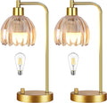 ILLMTW Glass Table Lamp Set of 2, Small Gold Bedside Lamps Dimmable Boho Bedroom Lamp with Tulip Flower Amber Lamp Shade, Vintage Mid…