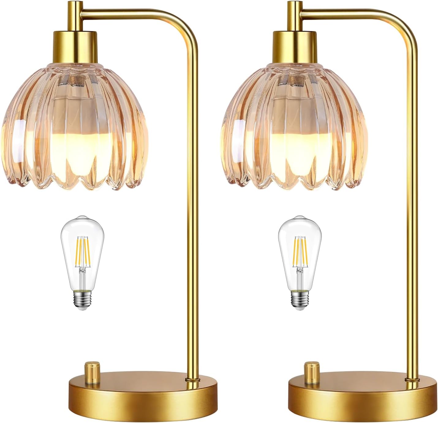 ILLMTW Glass Table Lamp Set of 2, Small Gold Bedside Lamps Dimmable Boho Bedroom Lamp with Tulip Flower Amber Lamp Shade, Vintage Mid…