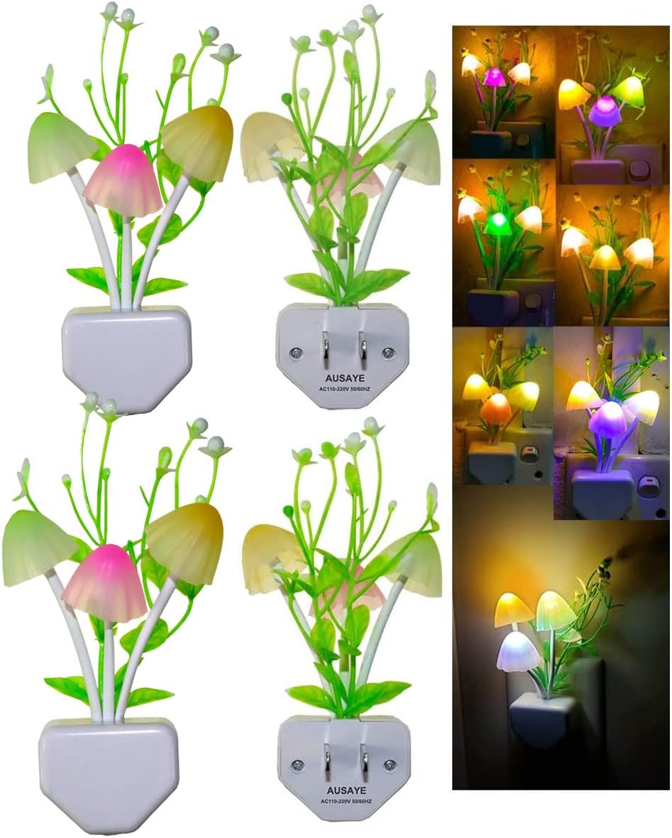 AUSAYE 4 Pack Plug in Night Light, Color Changing Mushroom Light LED Nightlights with Smart Dusk to Dawn Sensor for Kids, Adults…