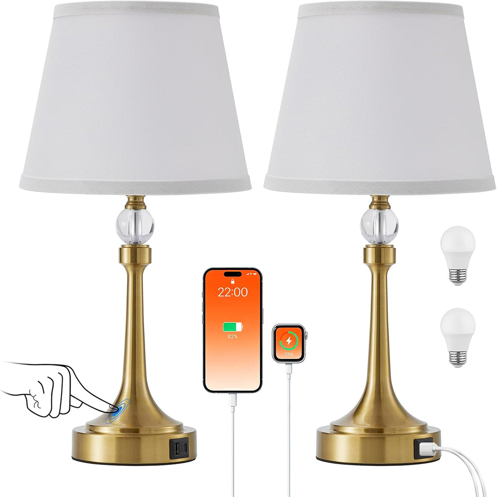 19.7'' Touch Table Lamps for Living Room, Small Lamp for Bedroom with USB C+A Ports, Dimmable Touch Lamps Set of 2, Reading Desk Lamp for…