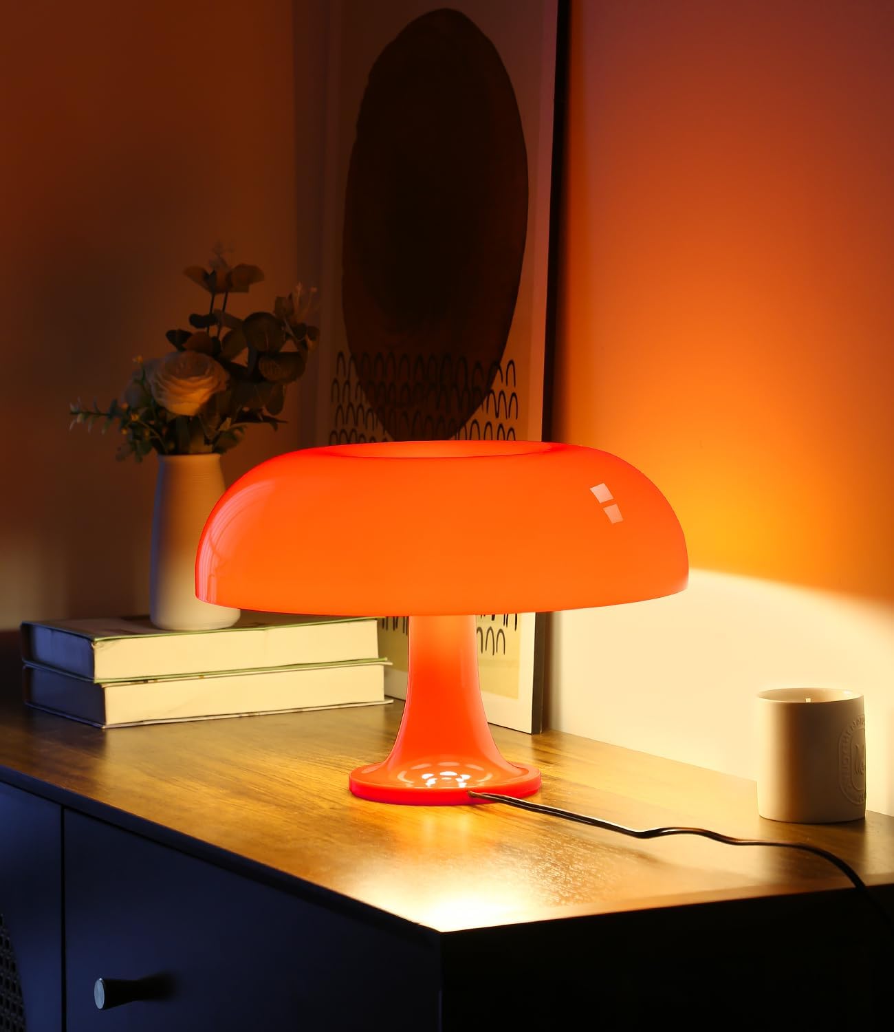 Orange Mushroom Lamp, Mid Century Modern Table Lamp for Bedroom, Minimalist Mushroom Decor Bedside Small Lamps, 2700K(Bulb Included, Plug…