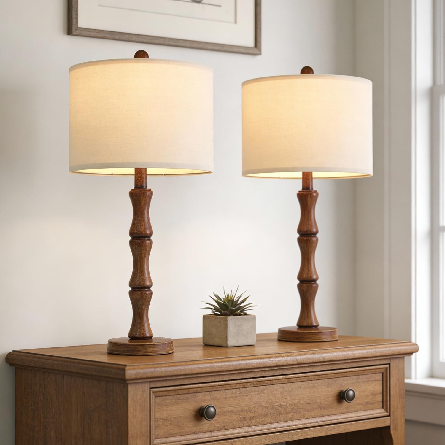 BOBOMOMO 25" Rustic Table Lamps Set of 2, Farmhouse Nightstand Lamps with Wood Grain Resin Base & Linen Shade, Standard Table Lamps for…