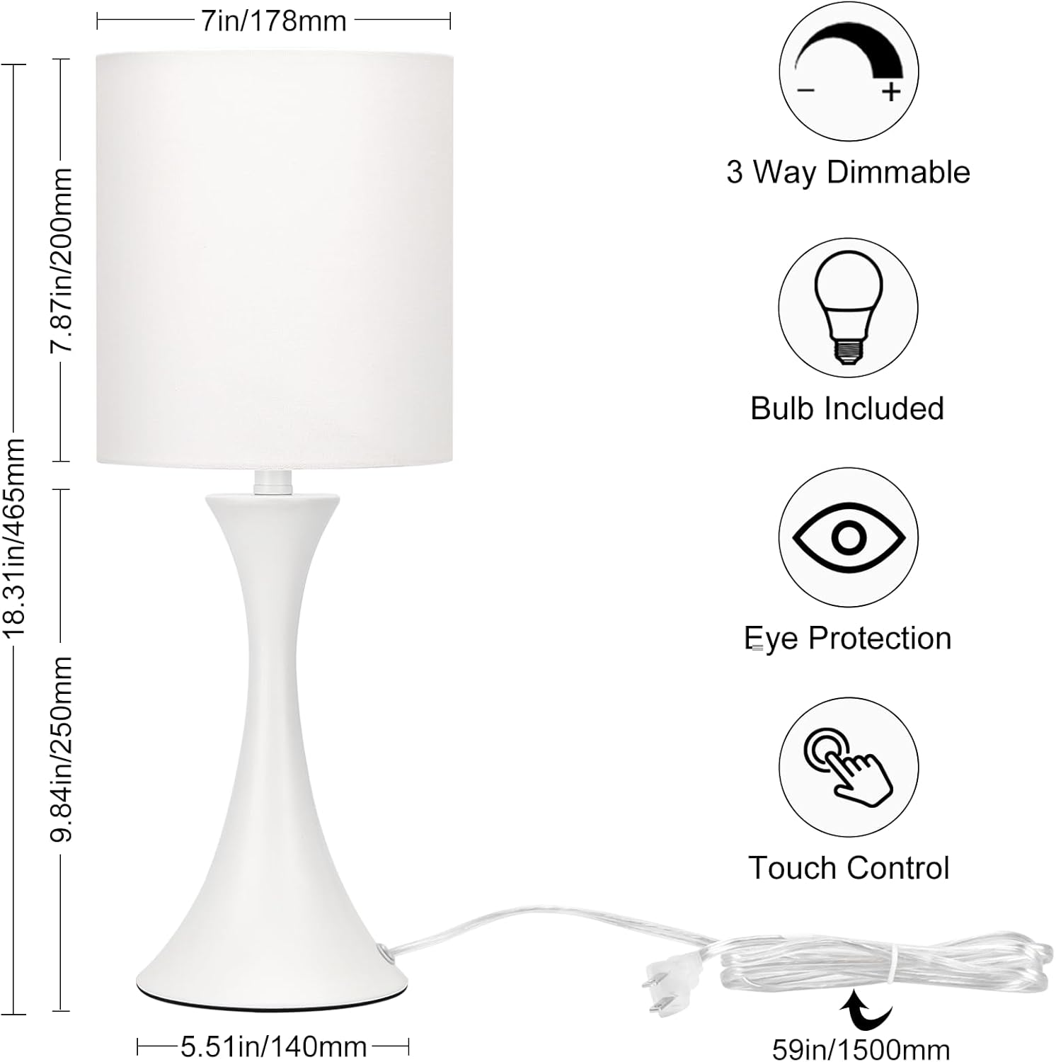 Modern Table Lamps, 3 Way Touch Control Table Lamp, Dimmable Desk Lamp, White Nightstand Lamp with Fabric Shade, Small Bedside Lamp for…