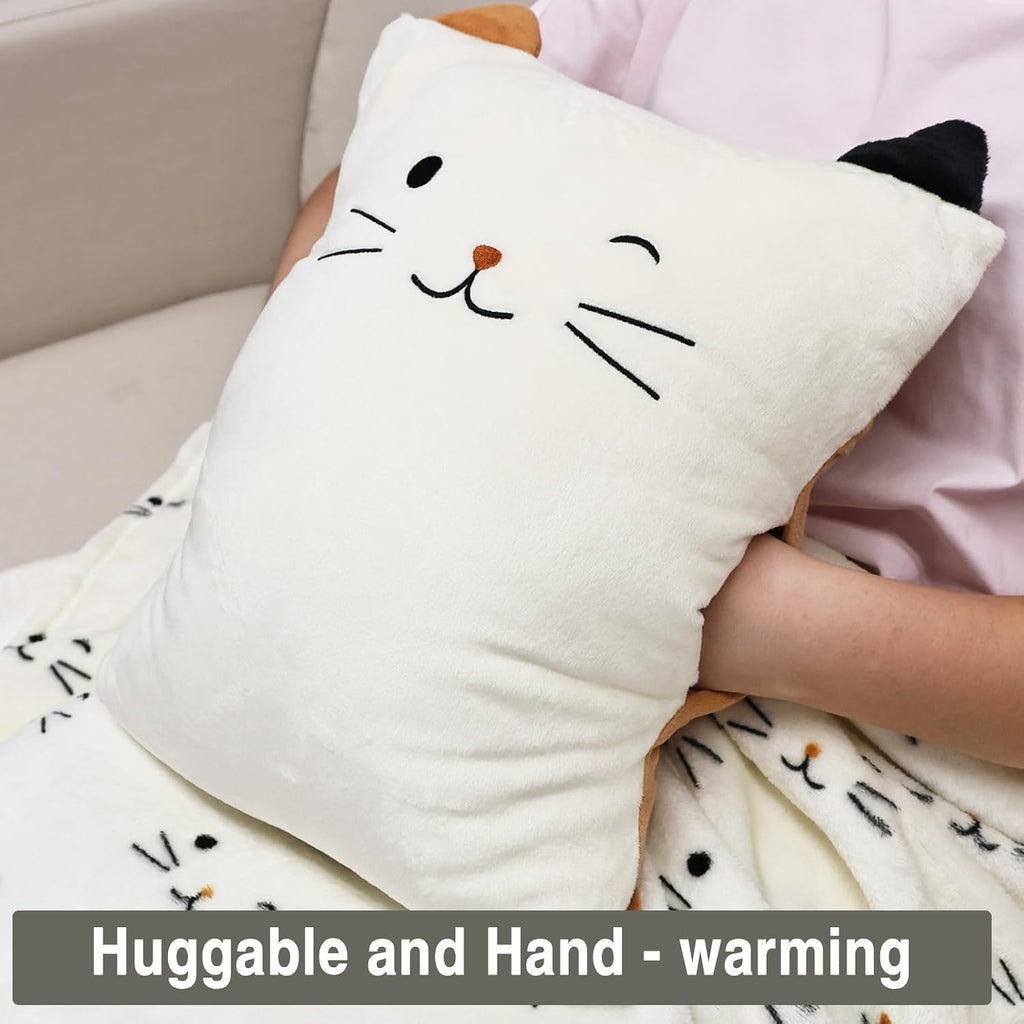 VigorSpring 3-in-1 Cat Travel Blanket and Pillow Set for Kids, Soft Snuggle Pillow with Hand Warmer, 40x60 Inch Cute Cat Blanket, Compact f…