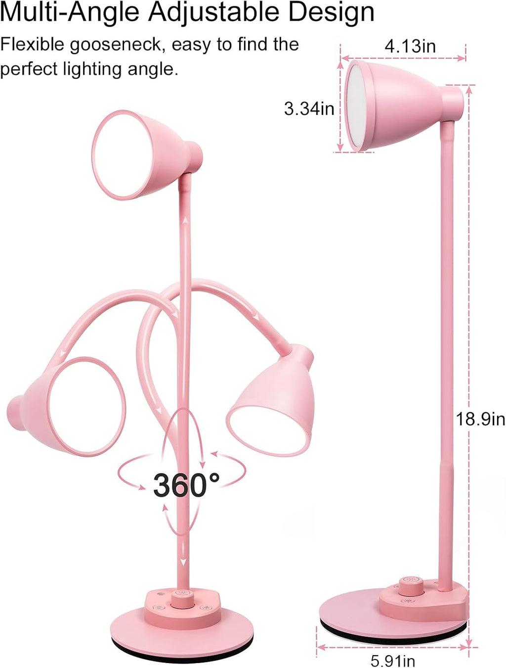 BOHON Cute Desk Lamp with USB Charging Port, Pink Lamp 3 Color Modes Dimmable LED Reading Lamp, Flexible Neck Auto Dimming Table Task…